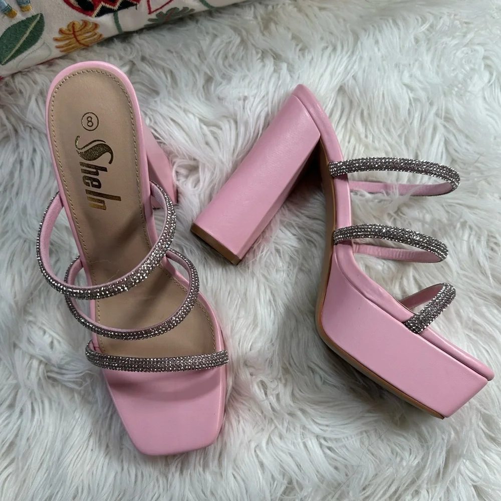 Shein • Dazzling Rhinestone Pink Barbie Chunky Platform Heels